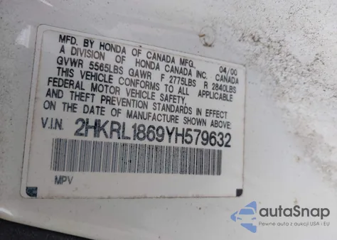 2000 Honda Odyssey Ex из США, поврежденный, VIN 2HKRL1869YH579632